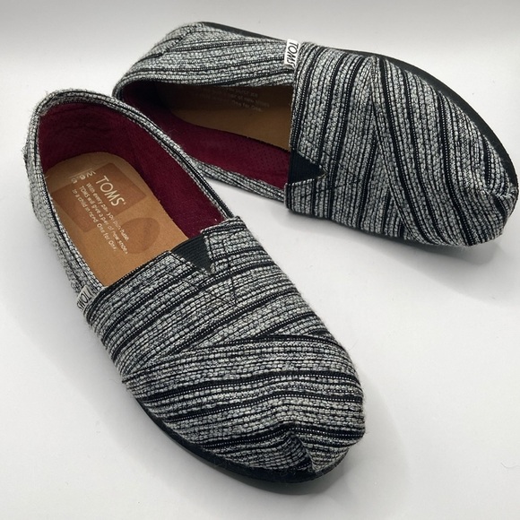 Toms Shoes - TOMS Metallic Stripe Textile Slip-Ons, Black/Silver, Size 6.5W